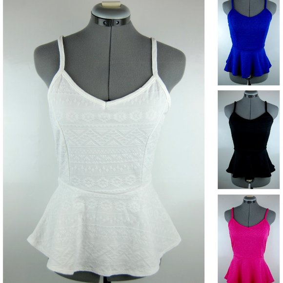 Ivory White Tribal Peplum Tank Cutout Back Top - Picture 1 of 5